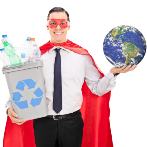 Parent in superhero costume promoting sustainability by holding a recycling bin in one arm and an earth in the other